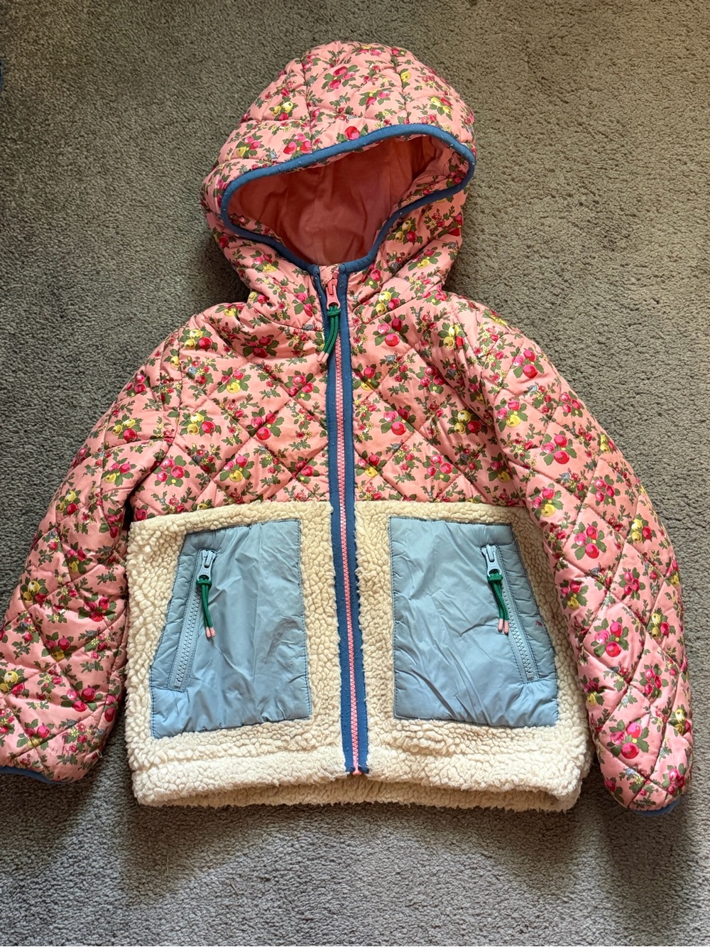 Girls' Pink Floral Quilted Hooded Jacket with Sherpa Trim